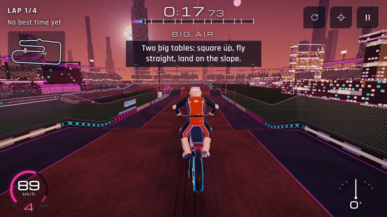 Circuit 19, Dusk Coliseum: a supermoto inside a grand coliseum at dusk, the stands full and the sky burning coral on the horizon.