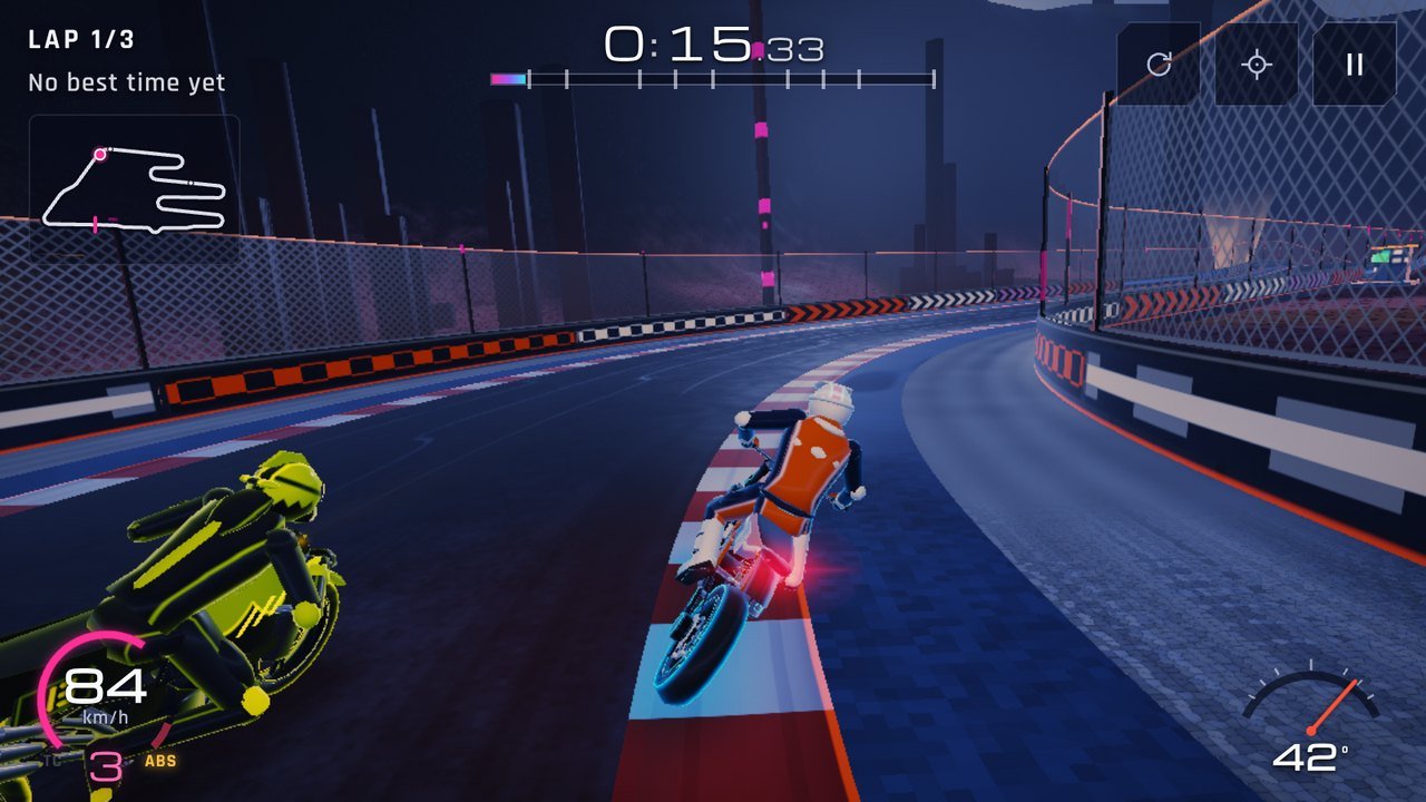 Circuit 8, Emberfall: a supermoto in a canyon of columnar basalt at the blue hour, a fall of lava glowing between the walls.