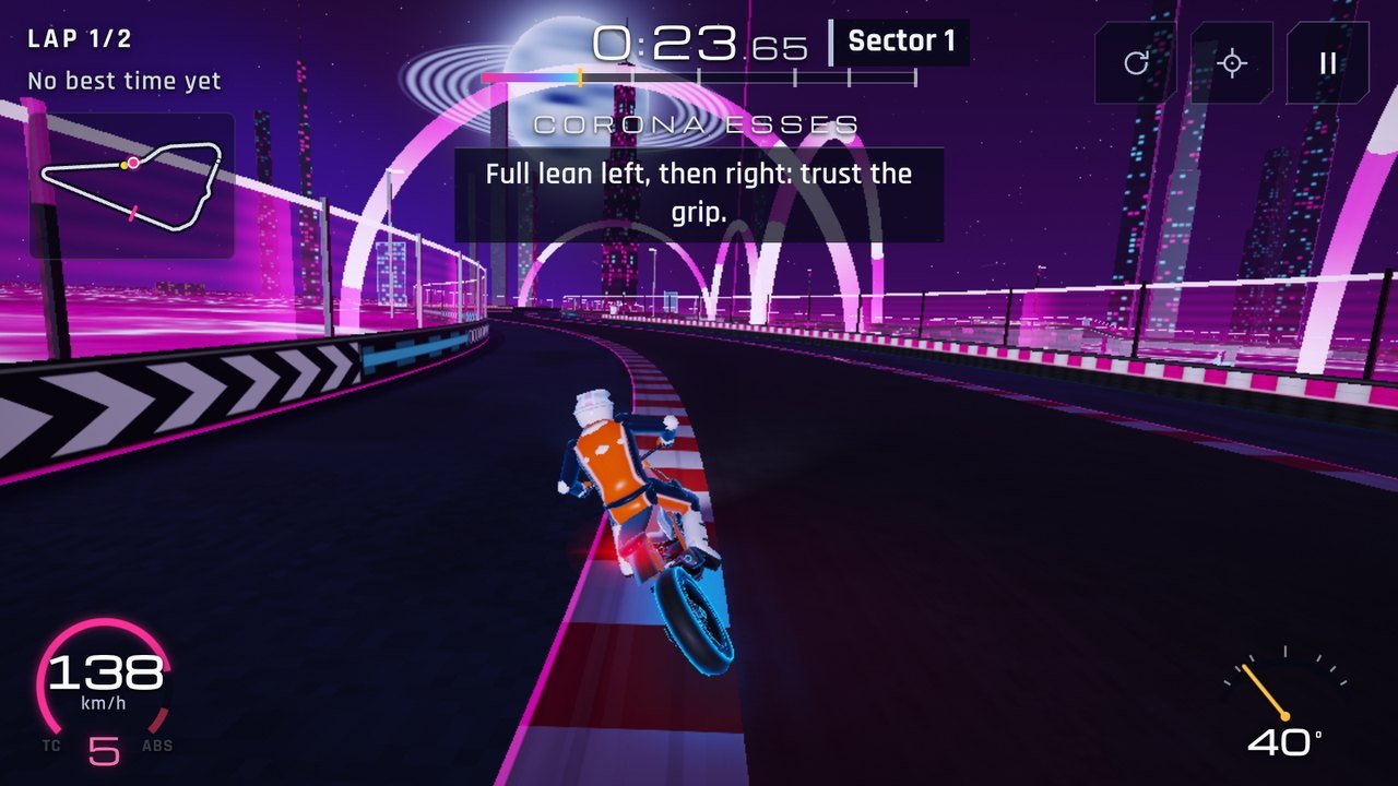 Circuit 4, Flare Causeway: a supermoto on a causeway across a sea of magenta plasma, a white star setting on the horizon.