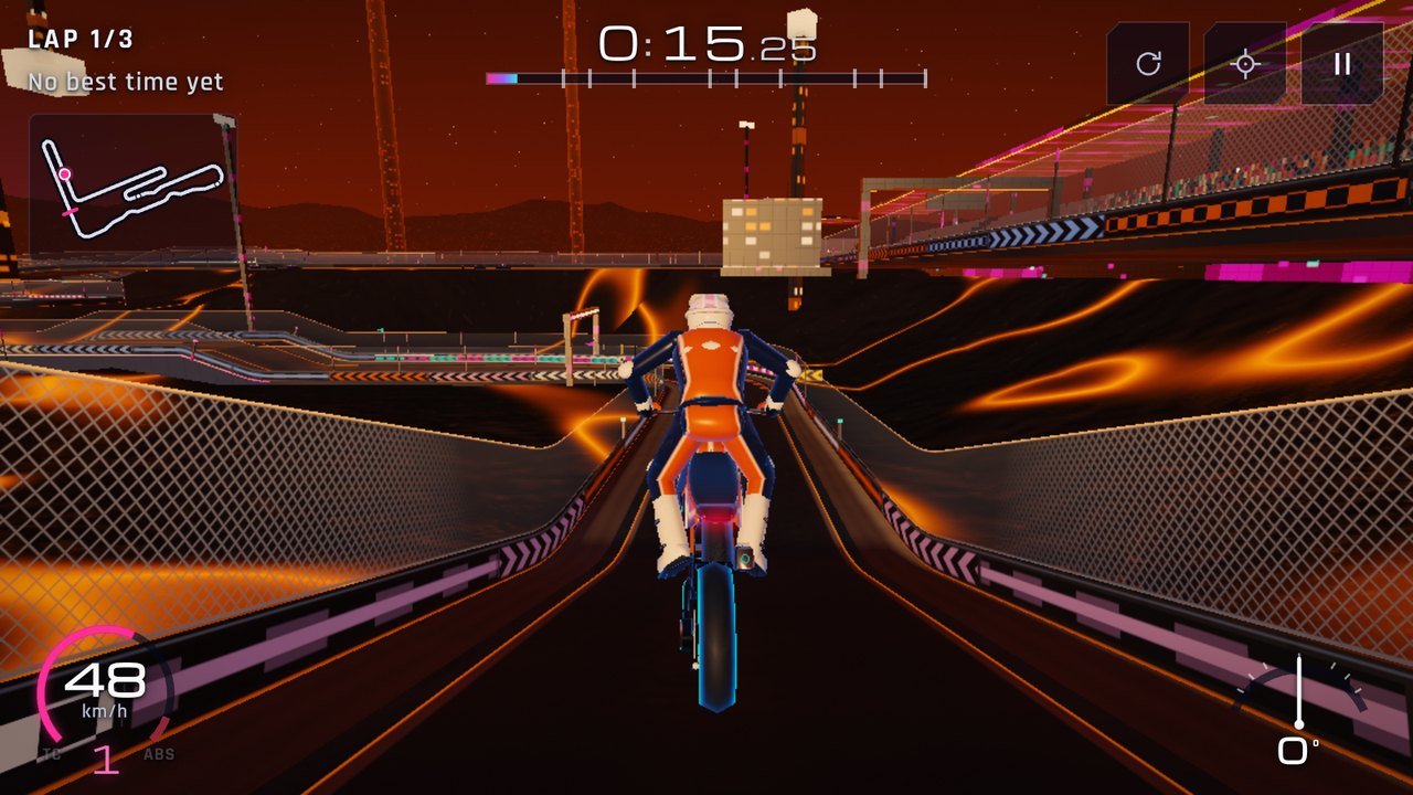 Circuit 11, Furnace Hill: a supermoto on the slag heaps of a foundry, a captive star held in containment rings blazing low on the horizon.