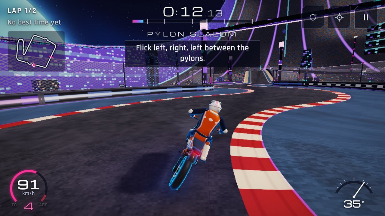 Circuit 6, Gravity Well: a supermoto on a deck rising and falling over the lit habitat band of a ring station in orbit, the band curving up into the starry sky.