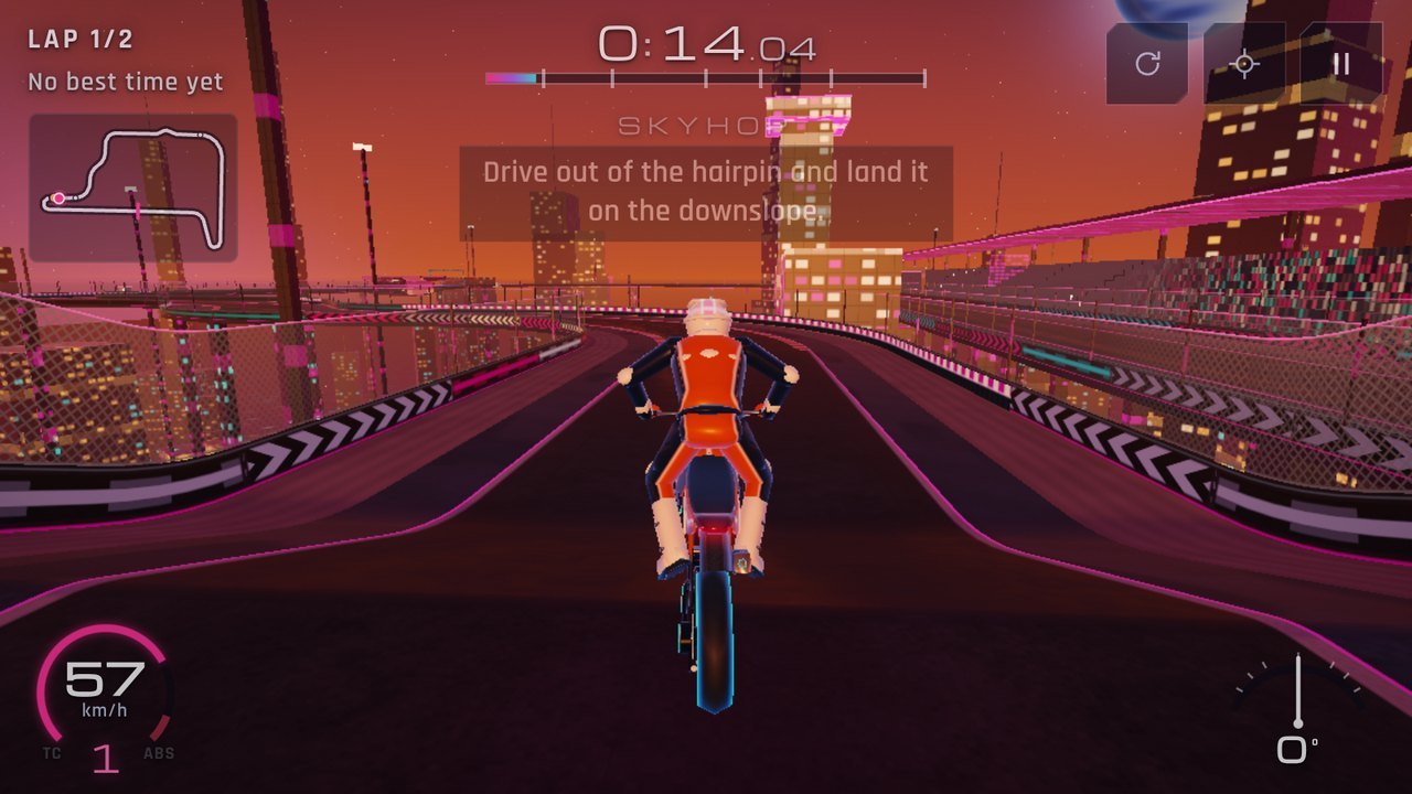Gameplay. Circuit 1, Helios Ring: a supermoto on the elevated deck high over a megalopolis at sunset, the sun setting down the main straight and a gas giant rising over the city.
