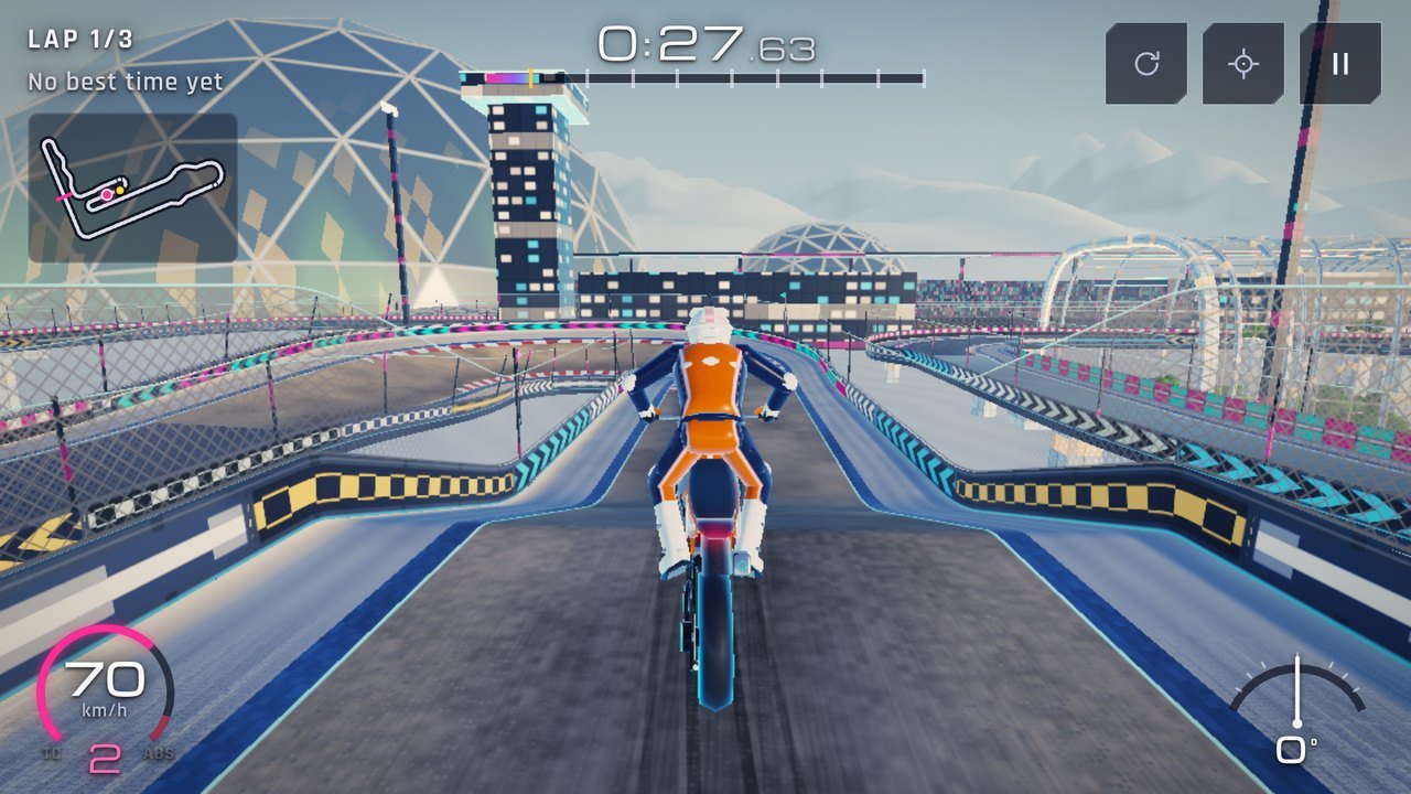 Circuit 9, Hothouse Scramble: a supermoto between the glass halls of a climate greenhouse on the snowfield of a frozen world, a low sun raking the snow.