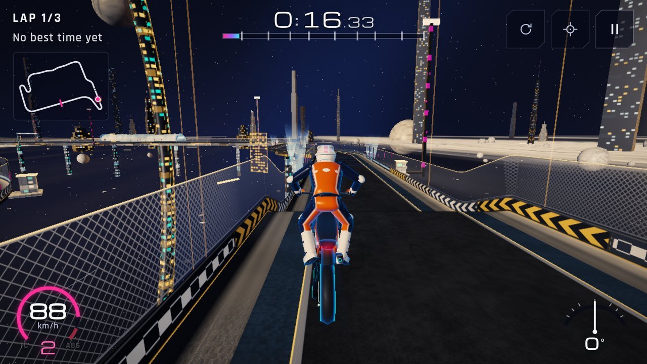 Circuit 7, Ice Halo: a supermoto on a ring road across the ice rings of a gas giant, the amber-and-cream planet filling the sky ahead.