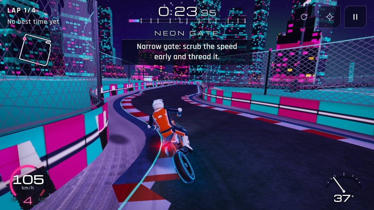 Circuit 16, Lumen City GP: a supermoto racing at night through a city of light dressed in neon magenta, cyan and amber.