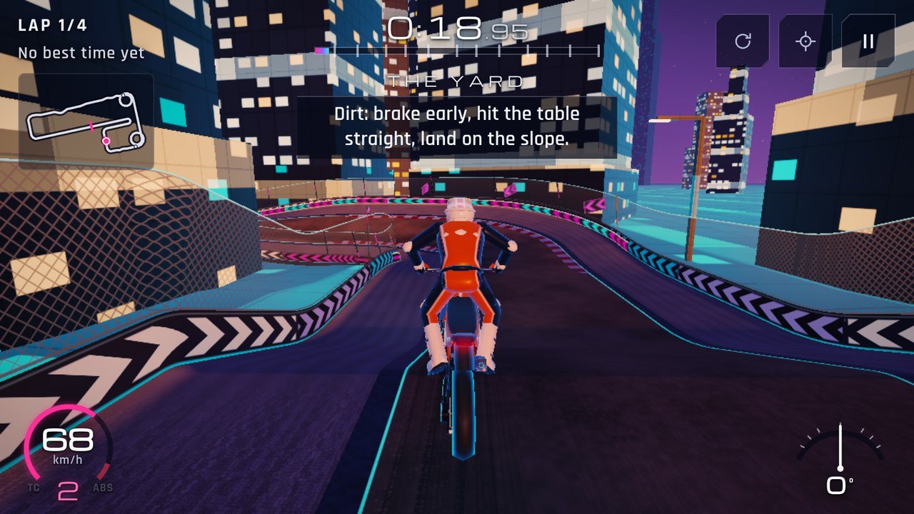 Circuit 17, Neon Corkscrew: a supermoto on a street circuit between glass towers and holographic billboards in a hyper-tech city at the blue hour.