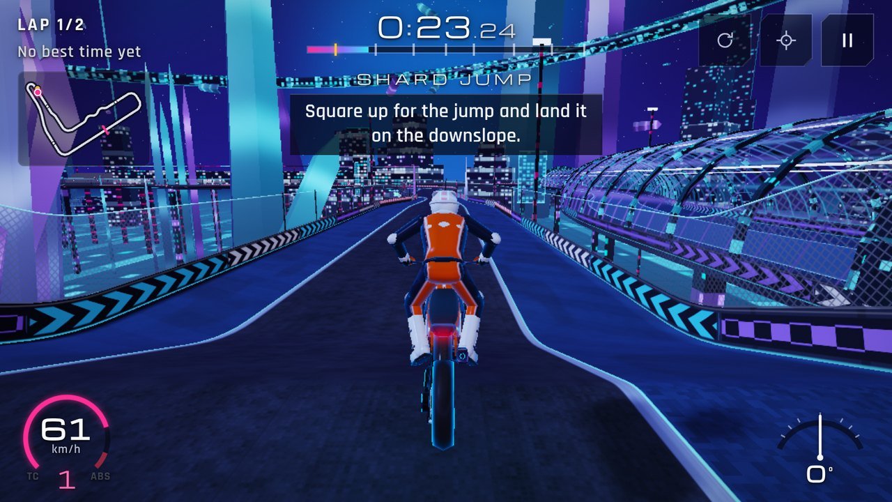 Circuit 3, Quartz Garden: a supermoto on a deck raised on pylons over the floor of a crystal laboratory at night, tower-sized crystals glowing all round.