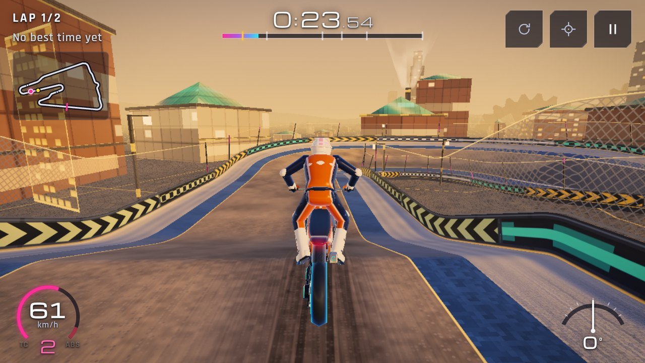 Circuit 5, Ratchet Arena: a supermoto in the squares of a clockwork city on a hillside, stone houses with turning gears on their façades in the low gold light of late afternoon.