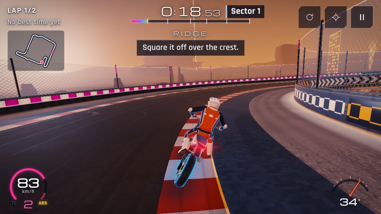 Circuit 2, Rust Ridge: a supermoto on the rust-red plain at the foot of a Martian rock spire at dusk, the horizon butterscotch under a violet sky.