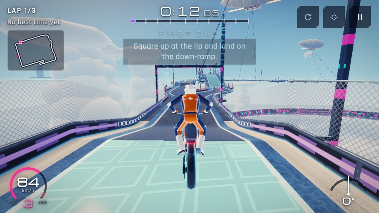 Circuit 13, Stratojump: a supermoto on a chain of sky platforms in the stratosphere, linked by glass-bridged jumps above the cloud tops.