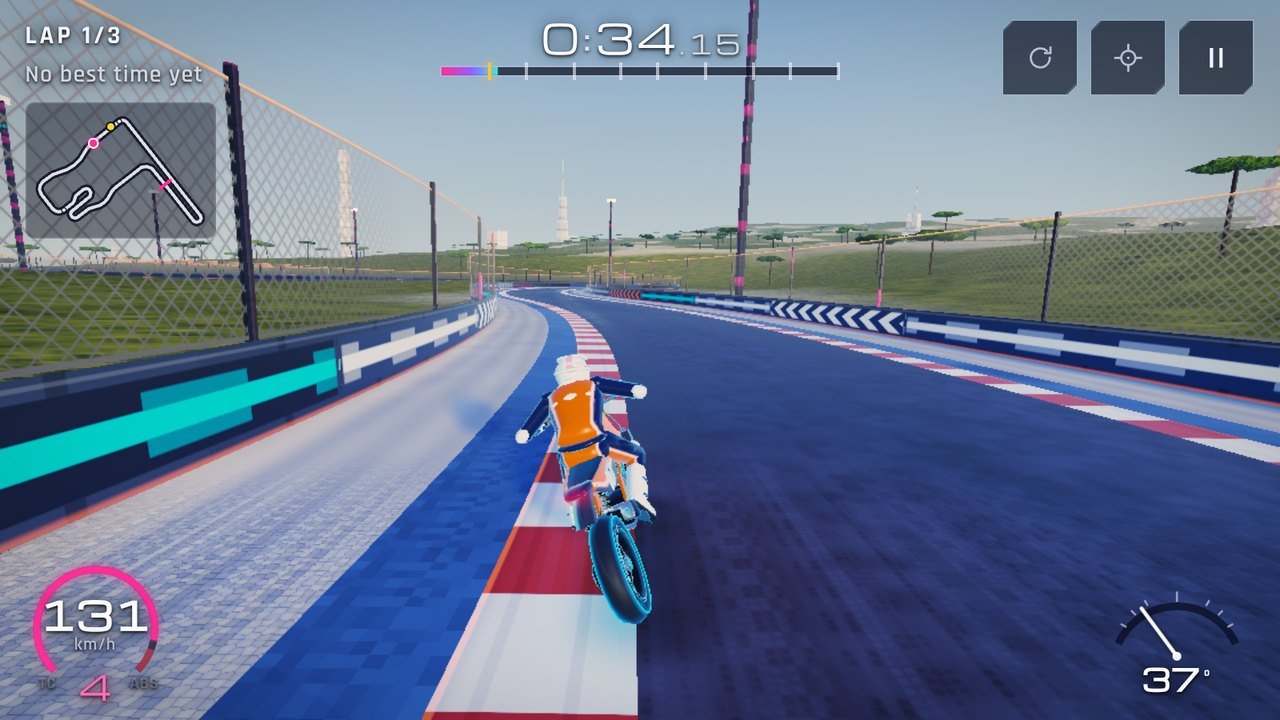 Circuit 10, Tidebreak: a supermoto on the coast of an ocean world in the late afternoon, cliffs above the sand and a pale moon rising over the headland.