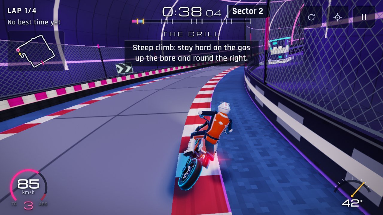Circuit 18, Undervault: a supermoto in a neon-lit cavern bored through the bedrock under a buried alien machine.