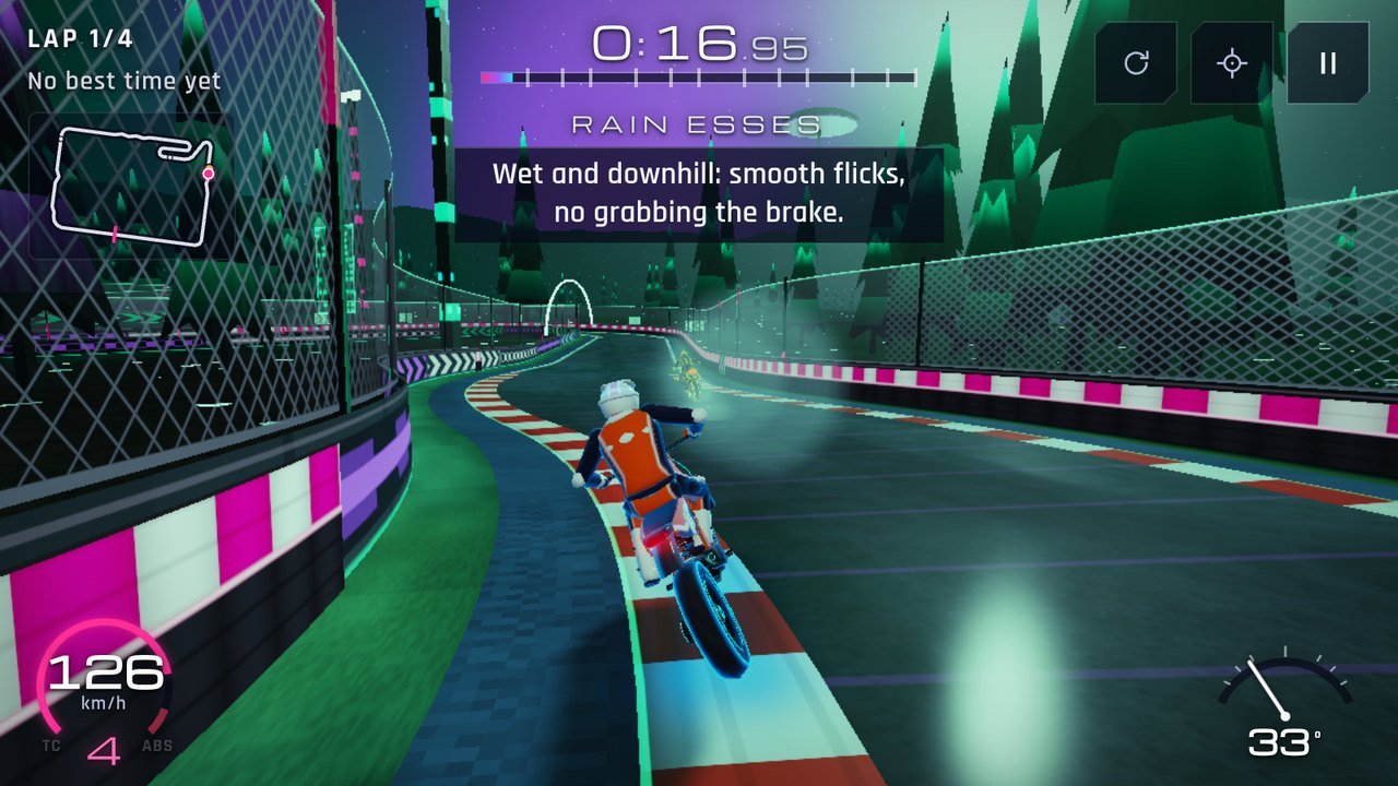 Circuit 14, Viridian Ruts: a supermoto on a dirt track through a glowing jungle under a nebula of emerald and violet veils.